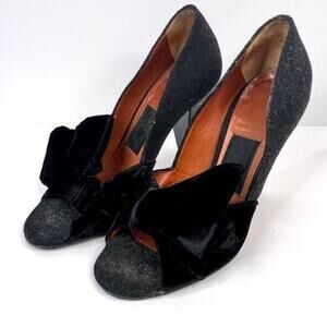 Lanvin Size 5.5 Black Felt, Velvet Bow Embellished Open Toe Sculpted 3.5 Heel